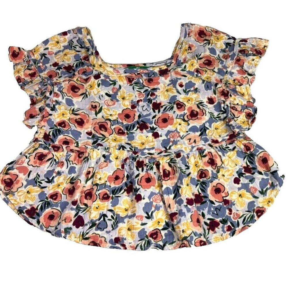 DIP Blouse Womens Large Short Ruffle Sleeve Floral Crop Oversize Gauze Frayed